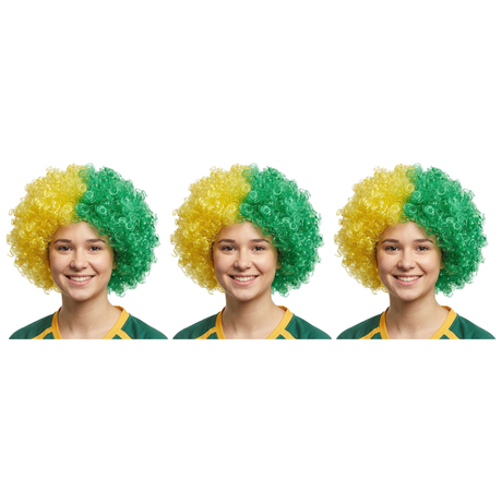 3x Green/Gold Afro Wig Pack - Aussie Deluxe Curly Hair Costume for Australia Day Party