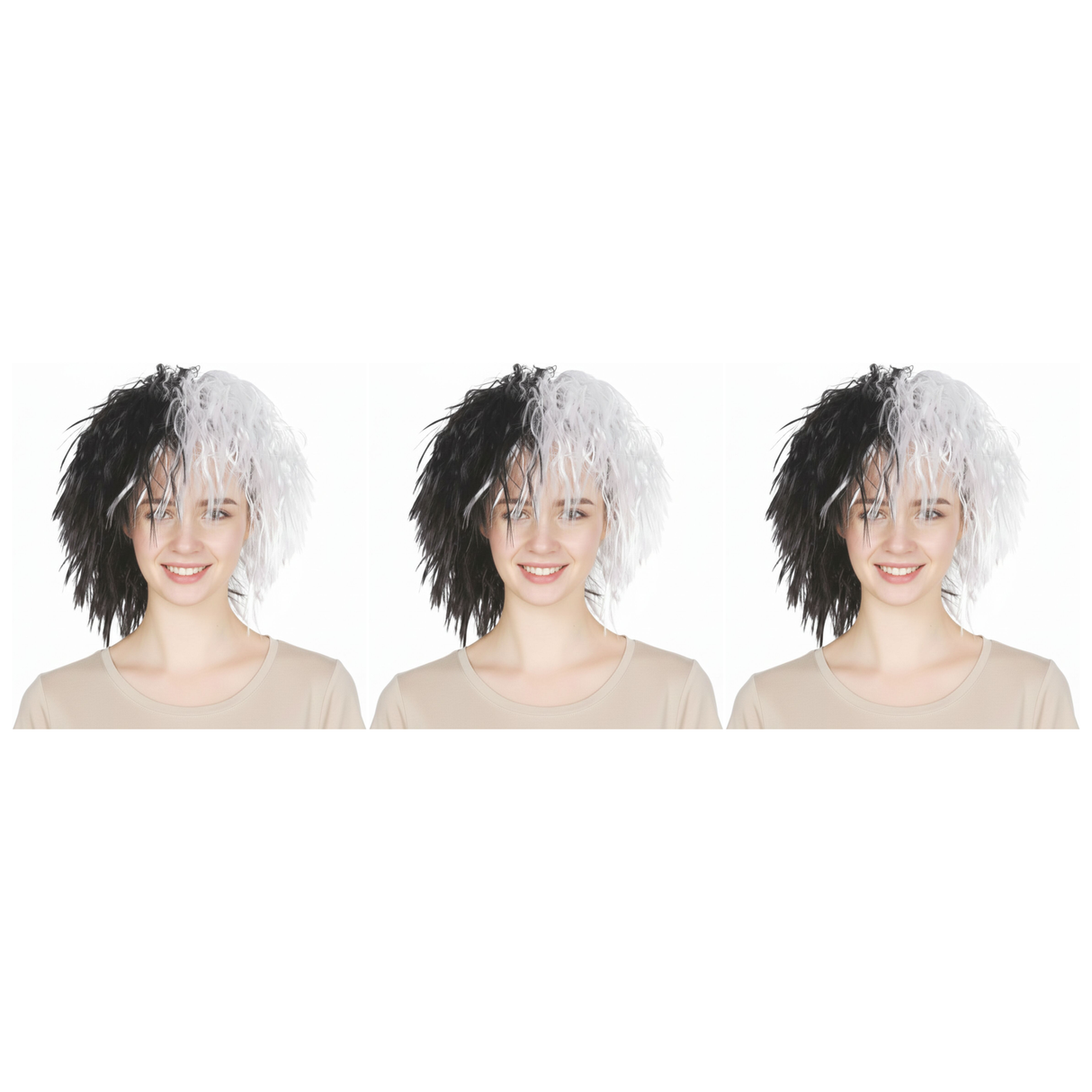 3x Black/White Messy Curly Evil Lady Wig Pack - Dalmatian Villain Costume (Halloween & Fancy Dress)