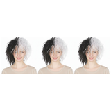 3x Black/White Messy Curly Evil Lady Wig Pack - Dalmatian Villain Costume (Halloween & Fancy Dress)