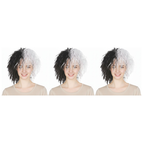 3x Black/White Messy Curly Evil Lady Wig Pack - Dalmatian Villain Costume (Halloween & Fancy Dress)