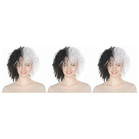 3x Black/White Messy Curly Evil Lady Wig Bulk Pack - Dalmatian Villain Costume (Halloween & Fancy Dress)