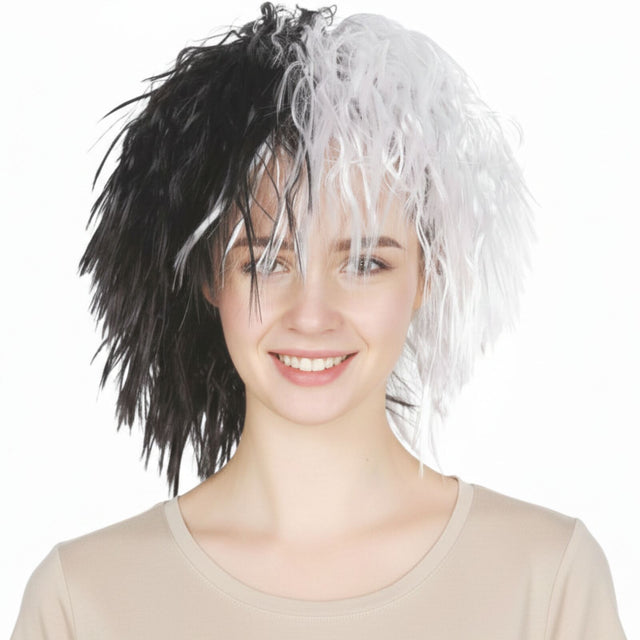 Black/White Messy Curly Evil Lady Wig - Dalmatian Villain Costume (Halloween & Fancy Dress)