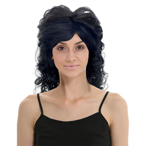 Long Black Curly Retro Wig - Womens Punk Rock Costume for 60s/70s Party