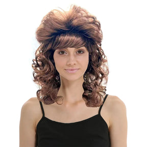 Long Brown Curly Retro Wig - Womens Punk Rock Costume for 60s/70s Party
