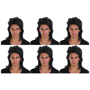 6x Mens Black Mullet Wig Bulk Pack - Bogan/Punk Rock Costume for 80s Party