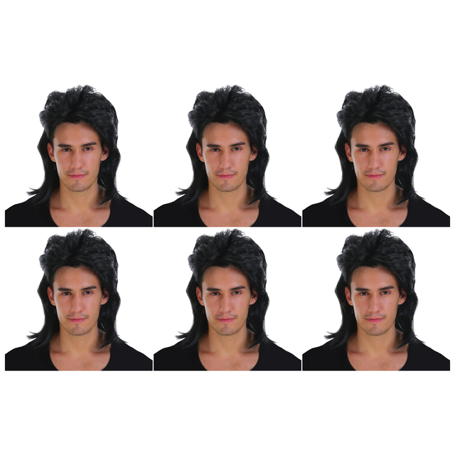 6x Mens Black Mullet Wig Bulk Pack - Bogan/Punk Rock Costume for 80s Party