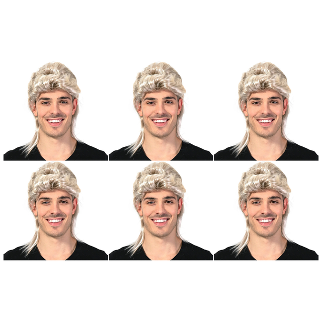 6x Mens Blonde Mullet Wig Bulk Pack - Bogan/Punk Rock Costume for 80s Party