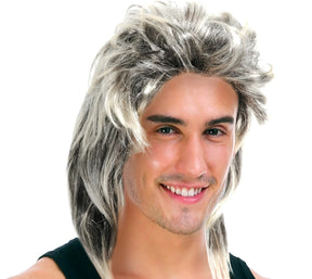 Mens Ash Blonde/Grey Mullet Wig - Bogan/Punk Rock Costume for 80s Party