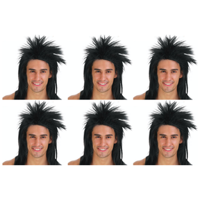 6x Mens Spiky Black Mullet Wig Bulk Pack - Bogan/Punk Rock Costume for 80s Party