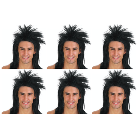 6x Mens Spiky Black Mullet Wig Bulk Pack - Bogan/Punk Rock Costume for 80s Party
