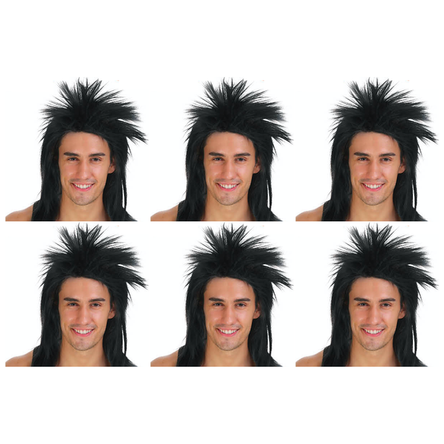 6x Mens Spiky Black Mullet Wig Bulk Pack - Bogan/Punk Rock Costume for 80s Party