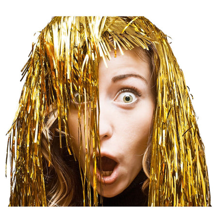 Tinsel Metallic Wig 70s 50s 20s Costume Mens Womens Unisex Disco Fancy Dress Up - Gold/Yellow