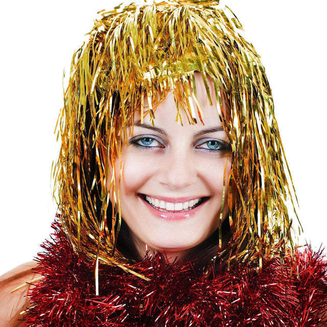 Tinsel Metallic Wig 70s 50s 20s Costume Mens Womens Unisex Disco Fancy Dress Up - Gold/Yellow