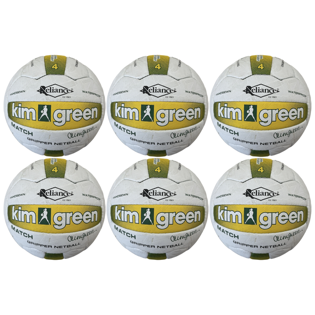 6x Reliance Kim Green Match Gripper Netball Bulk Pack - Official Size 4 (Hand Sewn & Waterproof)