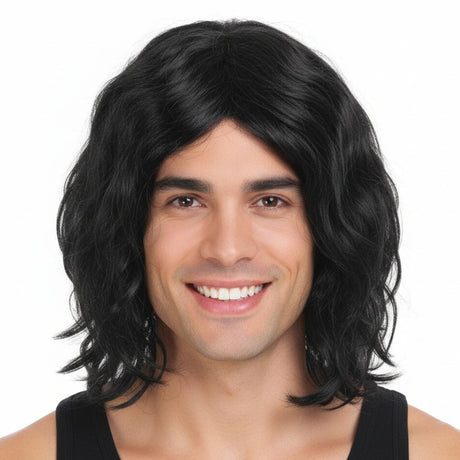 Long Black Curly Wavy Wig - Mens Punk Rock Costume for 60s/70s Party
