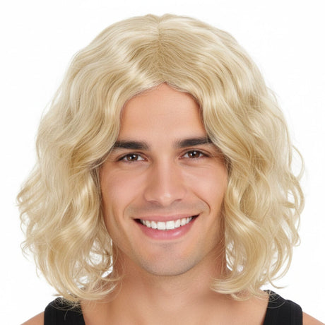 Long Blonde Curly Wavy Wig - Mens Punk Rock Costume for 60s/70s Party