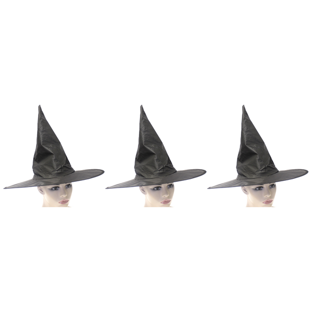 3x Plain Black Witch Hat Pack - Halloween Wizard Costume (Fancy Dress)