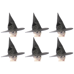 6x Plain Black Witch Hat Bulk Pack - Halloween Wizard Costume (Fancy Dress)