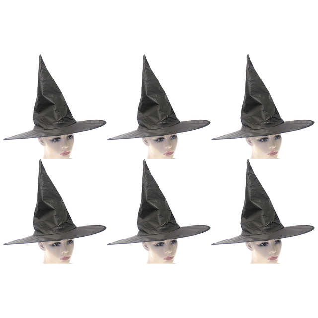 6x Plain Black Witch Hat Bulk Pack - Halloween Wizard Costume (Fancy Dress)