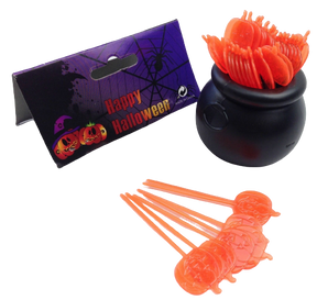 Halloween Cauldron & Pumpkin Cupcake Picks - Orange Plastic Toothpicks (Party Decoration)