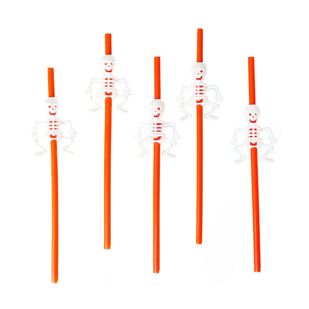 Orange Halloween Pumpkin/Skeleton Drinking Straws - Spooky (Festive Party Decor)