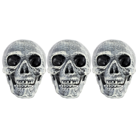 3x Skull Prop with Opening Jaw Pack - Grey/White (19x16cm Halloween Decoration)