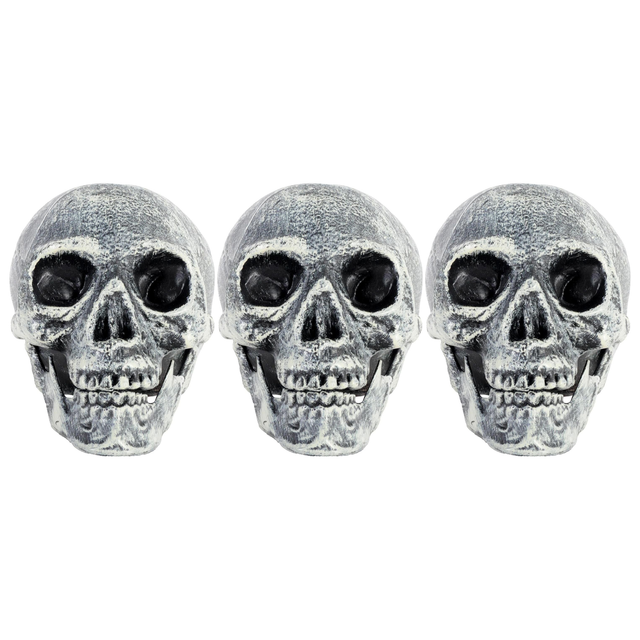 3x Skull Prop with Opening Jaw Pack - Grey/White (19x16cm Halloween Decoration)