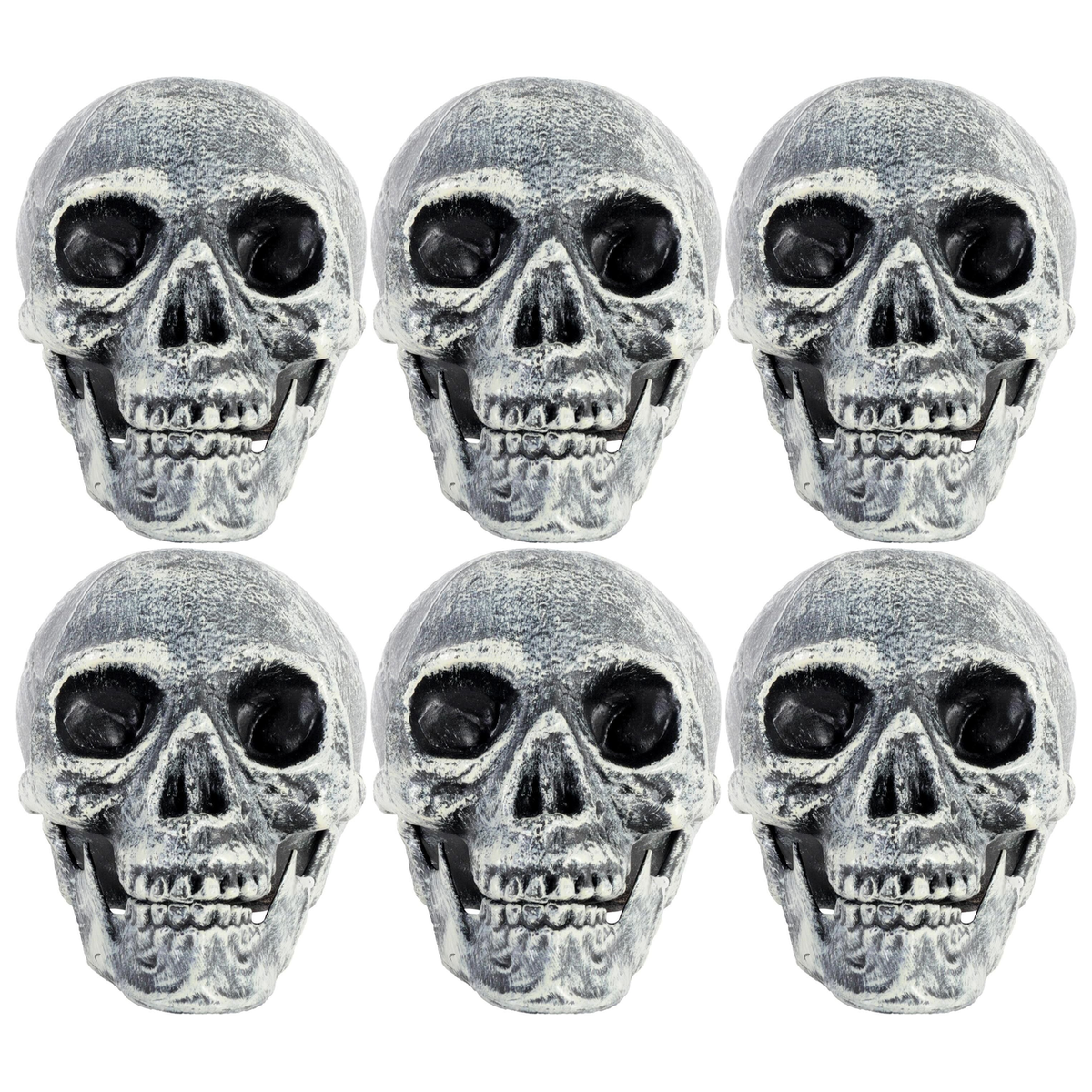 6x Skull Prop with Opening Jaw Bulk Pack - Grey/White (19x16cm Halloween Decoration)