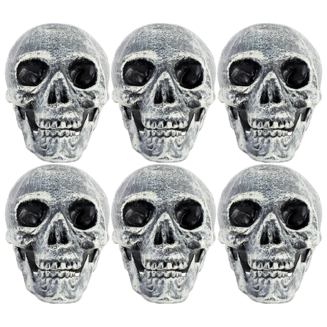 6x Skull Prop with Opening Jaw Bulk Pack - Grey/White (19x16cm Halloween Decoration)