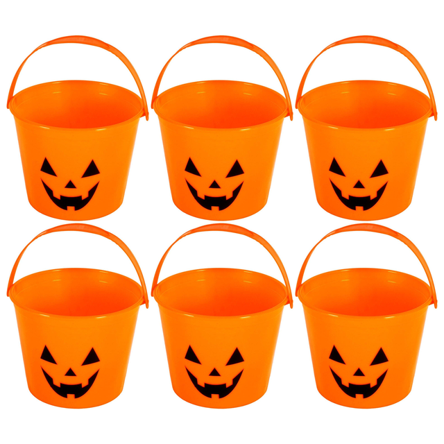 6x Halloween Pumpkin Trick or Treat Bucket Bulk Pack - Orange Jack-O-Lantern (14x12cm)