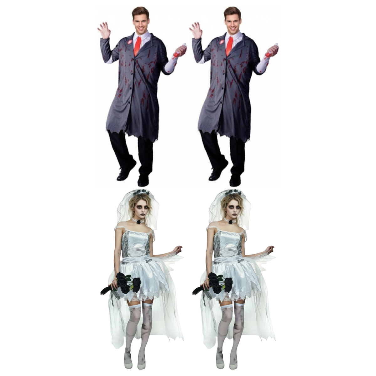Zombie Group Costume Set - 2x Zombie Surgeon + 2x Corpse Bride (Halloween & Fancy Dress)