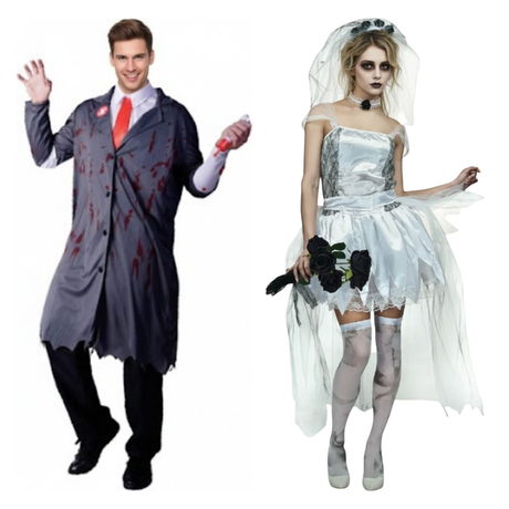 His & Hers Zombie Surgeon & Corpse Bride Couples Costume Set - Halloween Fancy Dress