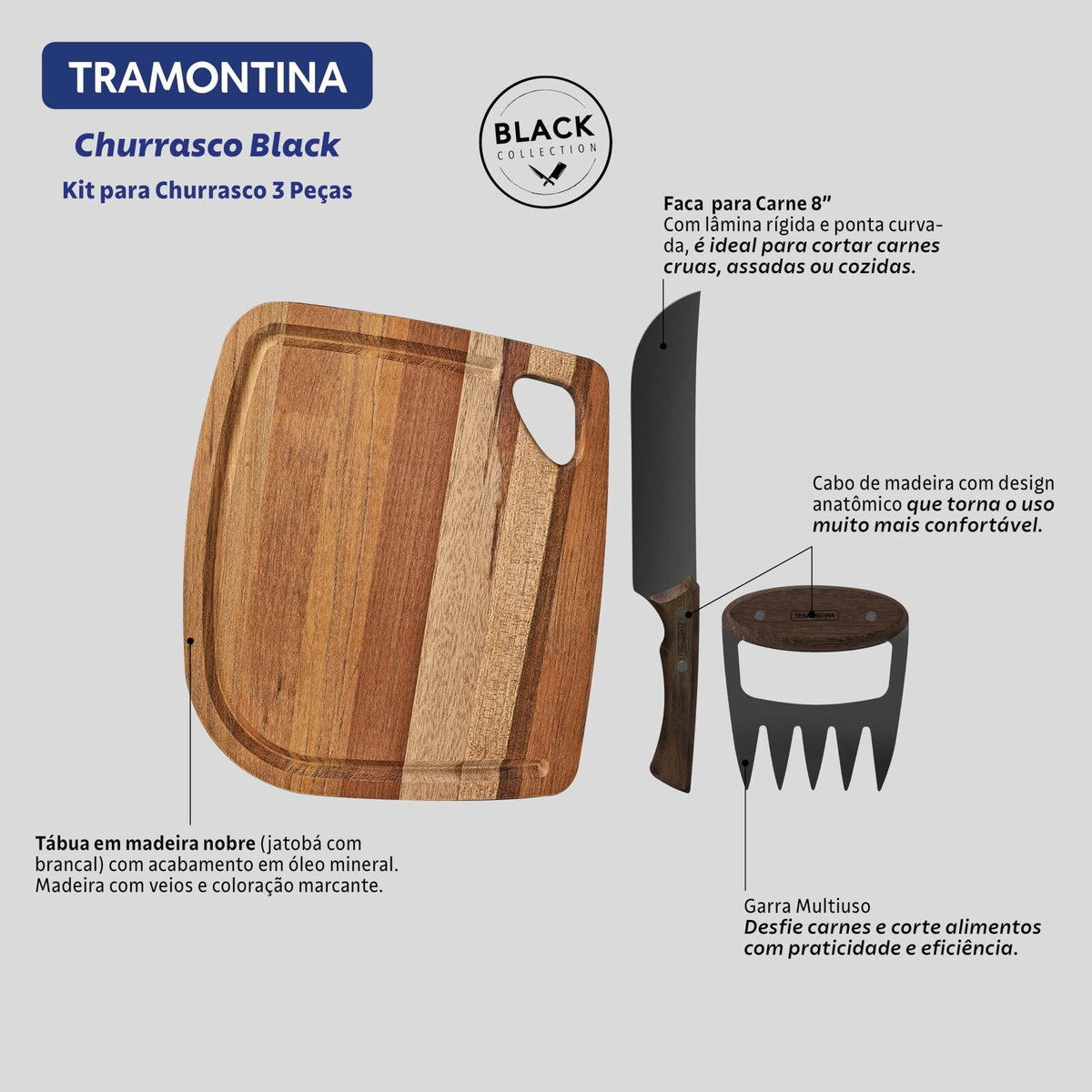 Tramontina Churrasco 3-Piece BBQ Chopping Board Set Barbecue Grill Tools & Knife in Black