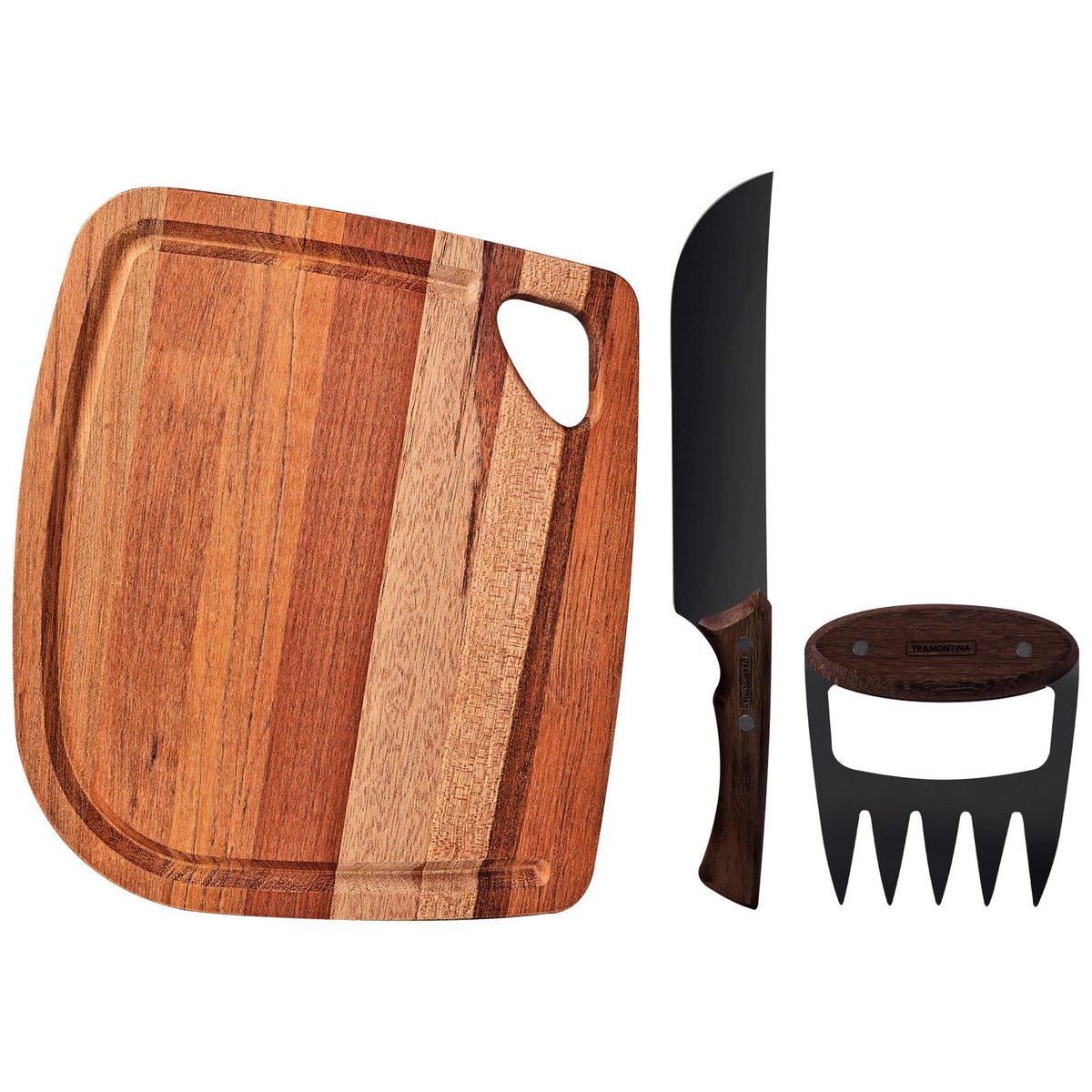 Tramontina Churrasco 3-Piece BBQ Chopping Board Set Barbecue Grill Tools & Knife in Black