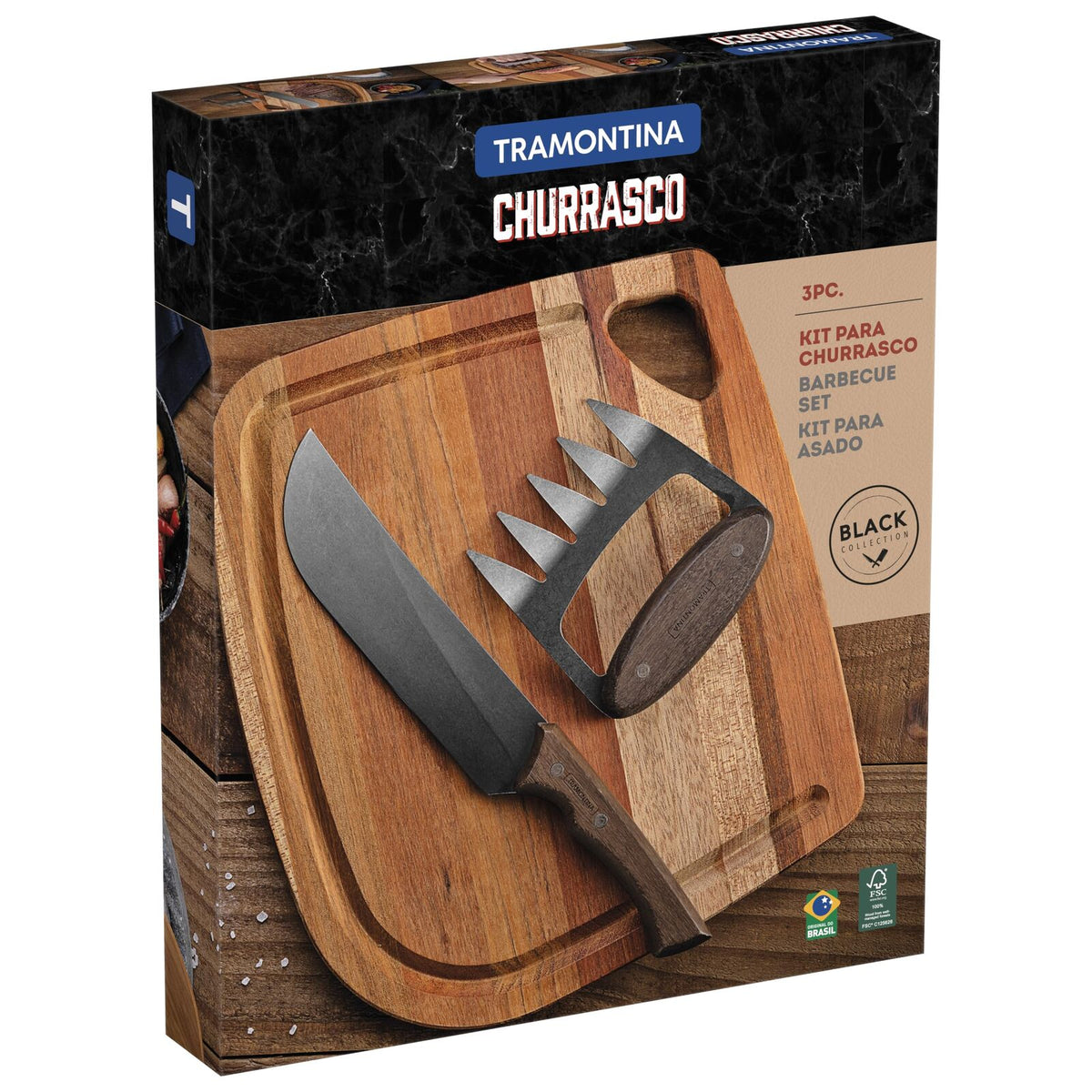 Tramontina Churrasco 3-Piece BBQ Chopping Board Set Barbecue Grill Tools & Knife in Black