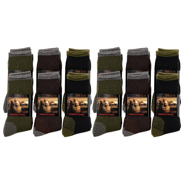 12 Pairs Heavy Duty Merino Wool Work Crew Socks w/ Thick Cushion (Size 11-14) Pack - Assorted Dark Colours
