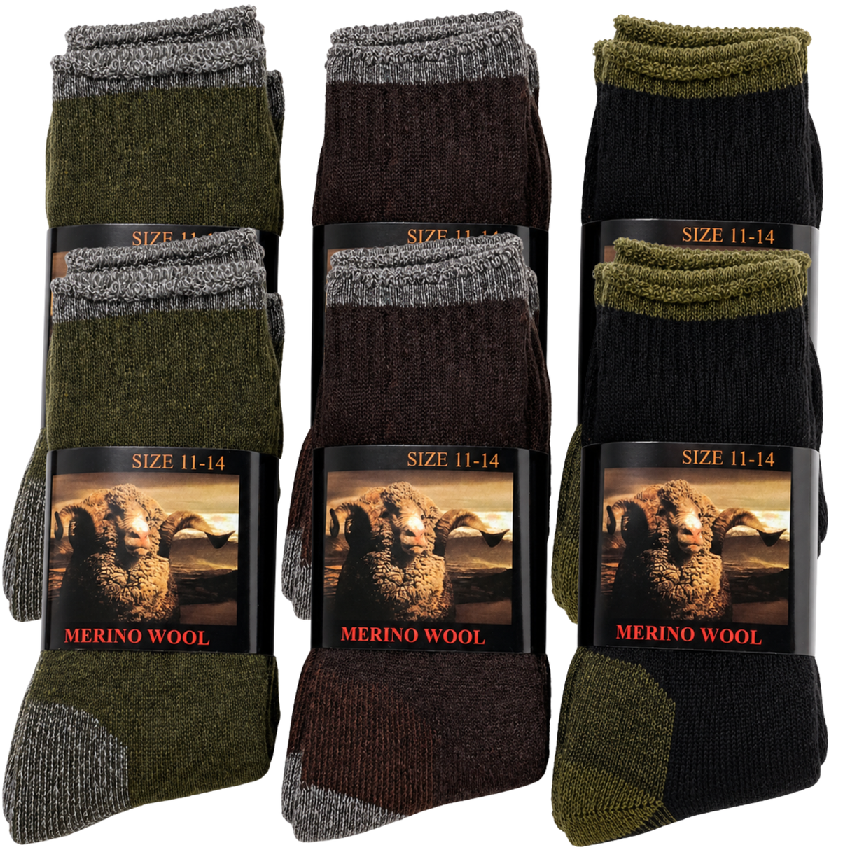 6 Pairs Heavy Duty Merino Wool Work Crew Socks Extra Thick Cushion (Size 11-14) - Assorted Dark Colours