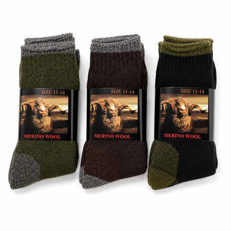 6 Pairs Heavy Duty Merino Wool Work Crew Socks w/ Thick Cushion (Size 11-14) - Assorted Dark Colours