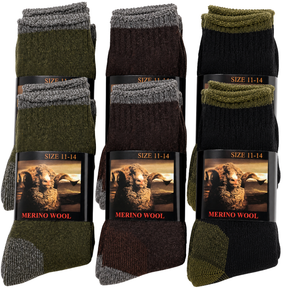 6 Pairs Heavy Duty Merino Wool Work Crew Socks Extra Thick Cushion (Size 11-14) - Assorted Dark Colours