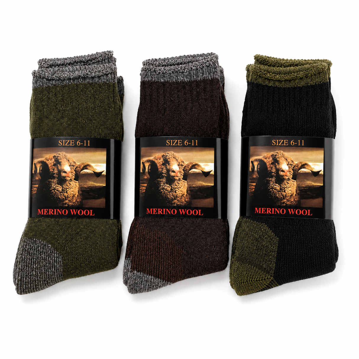 3 Pairs Heavy Duty Merino Wool Work Crew Socks Extra Thick Cushion (Size 6-11) - Assorted Dark Colours