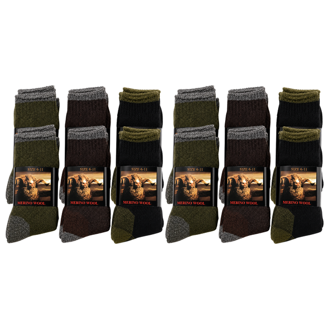 12 Pairs Heavy Duty Merino Wool Work Crew Socks w/ Thick Cushion (Size 6-11) Pack - Assorted Dark Colours