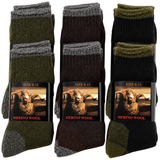 6 Pairs Heavy Duty Merino Wool Work Crew Socks w/ Thick Cushion (Size 6-11) - Assorted Dark Colours