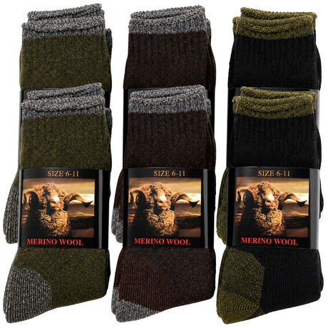 12 Pairs Heavy Duty Merino Wool Work Crew Socks w/ Thick Cushion (Size 6-11) Bulk - Assorted Dark Colours
