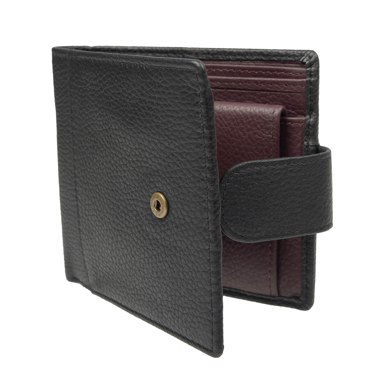 Dents Mens Pebble Grain Leather Bifold Wallet w/ Coin Purse & RFID Blocking - Black/Bordeaux