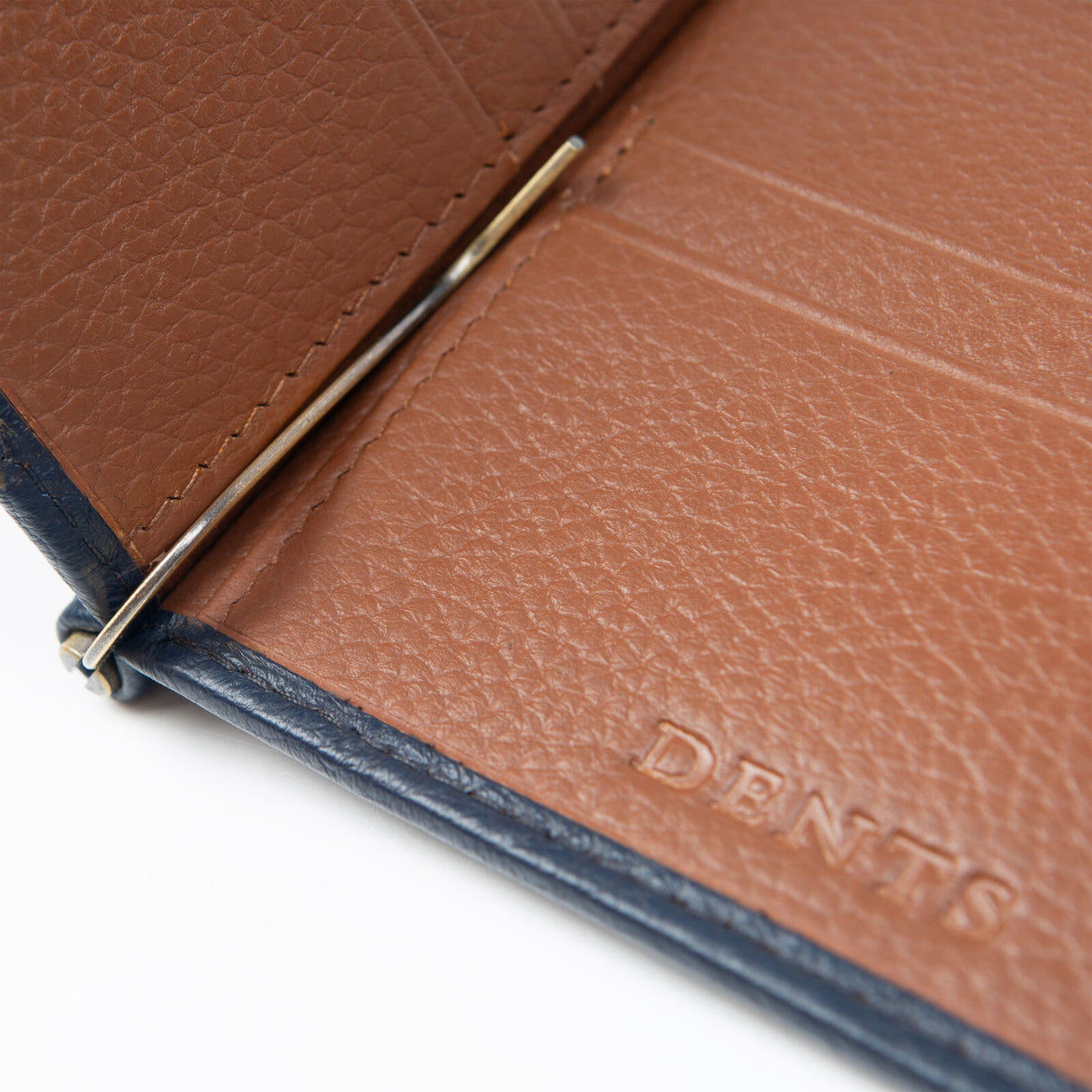 Dents Mens Pebble Grain Leather Bifold Wallet w/ Money Clip & RFID Blocking - Navy/Cognac