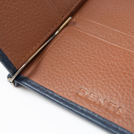 Dents Mens Pebble Grain Leather Bifold Wallet w/ Money Clip & RFID Blocking - Navy/Cognac