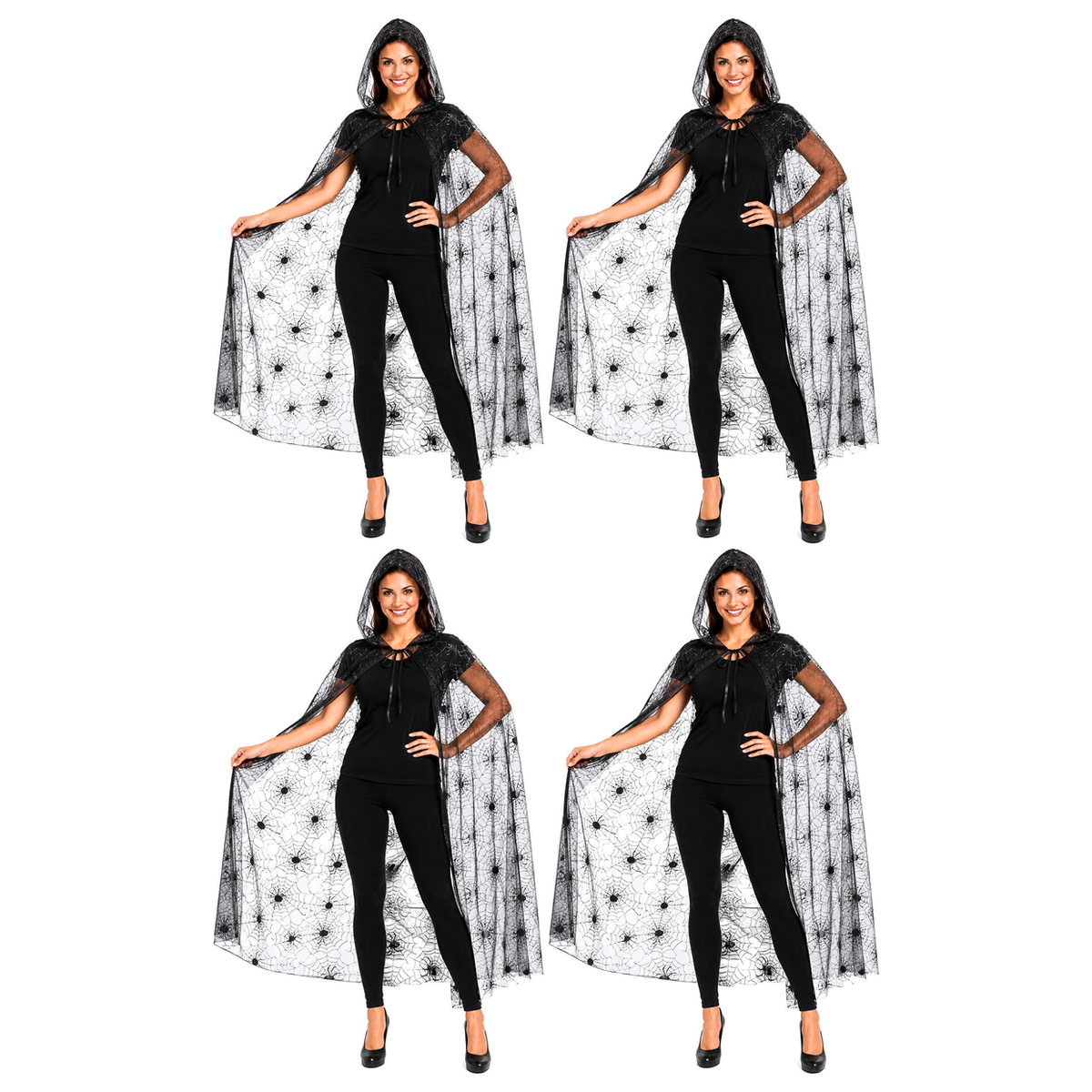 4x 140cm Adult Halloween Spider Web Lace Hooded Cape Bulk Pack - Black See Through (Fancy Dress Party)