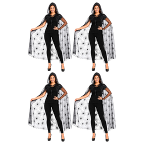 4x 140cm Adult Halloween Spider Web Lace Hooded Cape Bulk Pack - Black See Through (Fancy Dress Party)