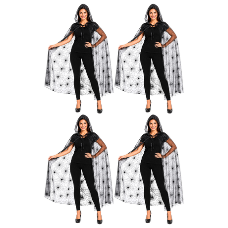 4x 140cm Adult Halloween Spider Web Lace Hooded Cape Group Costume Bulk Pack - Black See Through