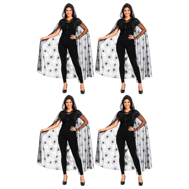 4x 140cm Adult Halloween Spider Web Lace Hooded Cape Bulk Pack - Black See Through (Fancy Dress Party)